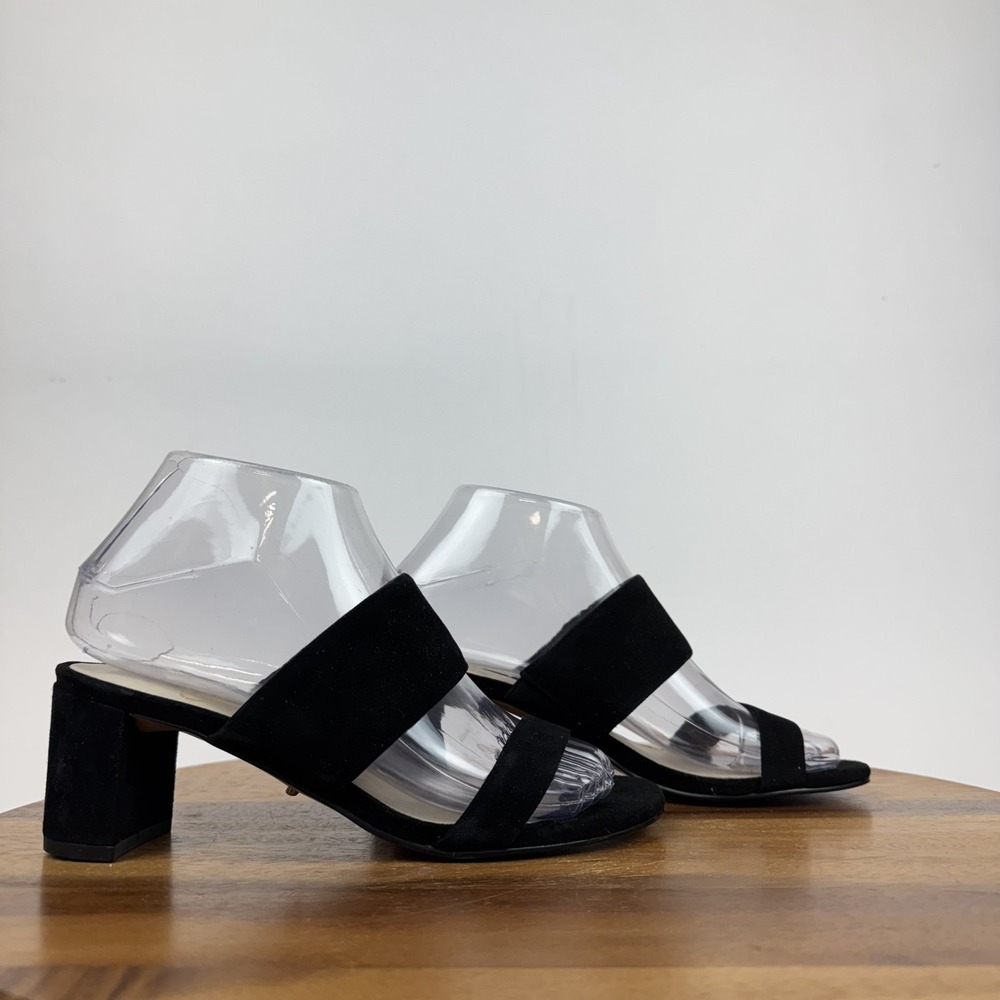 Womens 42 Gold‎ Liya Black Suede Leather Strappy Slide Heeled Sandals Size 6 GUC